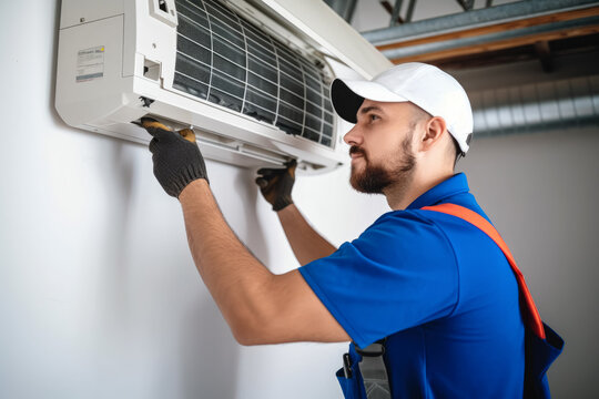HVAC technician installing a mini split air conditioner in Saratoga