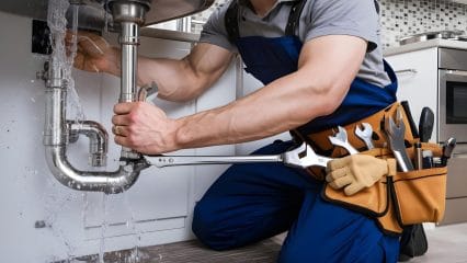 Plumber repairing pipes beneath a sink in Saratoga